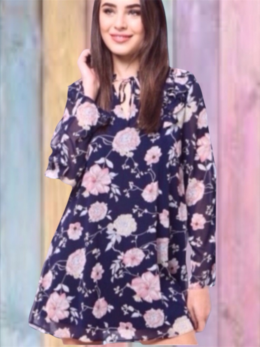 Love Riche Navy Blue Pink Floral Ruffle Sleeves Chiffon Lined Dress NWT